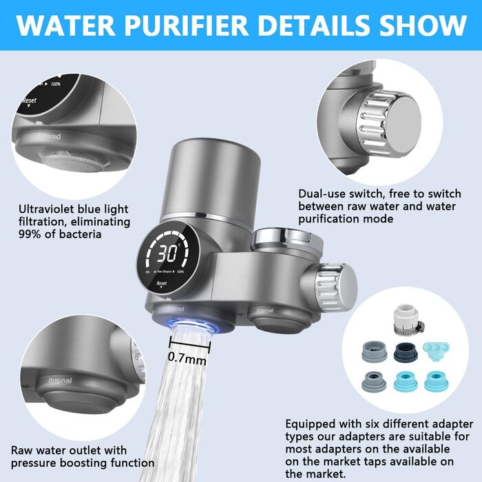Фільтр для води HOTUT для крана, фільтр для водопровідної води з нержавіючої сталі, фільтр для питної води з синім світлом, фільтр для питної води для видалення хлору, важких металів і поганого смаку