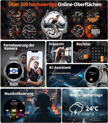 Розумний годинник SUNKTA для чоловіків, великий акумулятор 1000 мАг, 1,7-дюймовий HD-дисплей, Bluetooth-дзвінки, сумісний з iOS та Android, зі світлодіодним ліхтариком, пульсометром/монітором сну/крокоміром, сірий, включає 3 браслети та 2 зарядні пристрої