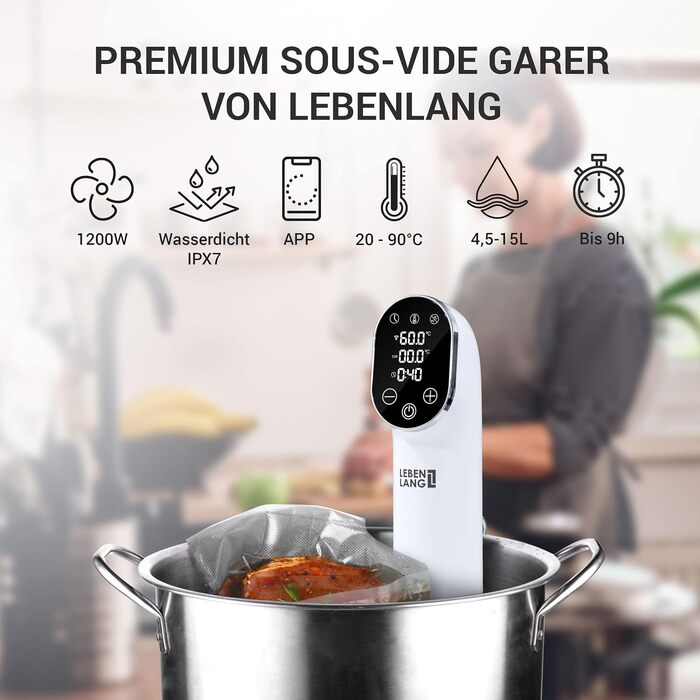 Стік LIFELONG 1200 Вт Sous Vide - з керуванням додатком I Приготування з нержавіючої сталі з таймером для м'яса, риби, овочів Сувідестаб Сус Гарер Susvide Sovit Souvidgarer Sou Vid Souc Vide Rod Stick