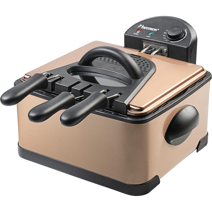 Олійна фритюрниця Bestron XL з 3 кошиками для смаження, включаючи технологію холодної зони та знімний контейнер для олії, 4 літри, можна мити в посудомийній машині, 2000 Вт, нержавіюча сталь, колір мідь