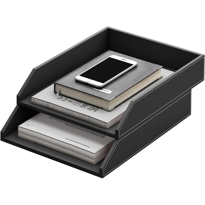 Штабелювані шкіряні лотки для документів, штабелювані лотки для листів формату А4, комплект з 2 шт. , для офісу, дому та школи, чорні.