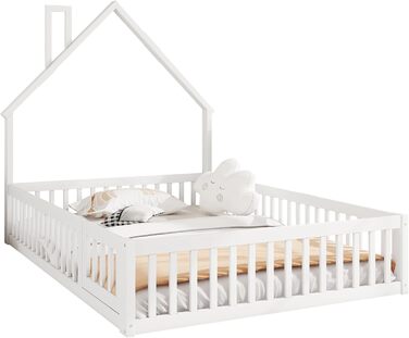 Дитяче підлогове ліжко, двоспальне ліжко 140x200 см з поручнями, рейковою основою та формою димоходу ліжко Монтессорі, ліжечко, домашнє ліжко, дерев&39яне ліжко, каркас ліжка, дитяче ліжко, соснове дерево, без матраца, біле.