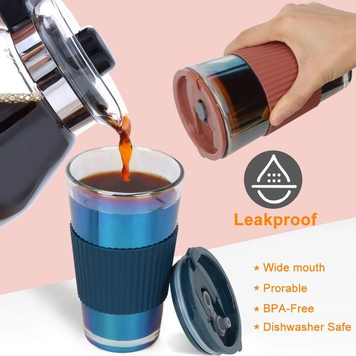 Скляні чашки UHAPEER 450 мл Набір з 2 шт. , Чашки для смузі на винос, Чашки для пиття з бризкозахищеною кришкою та соломинкою, Дор