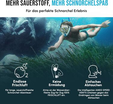 Сноркель Fresh Air - Тренажер для басейнів та відкритої води, для дорослих та дітей - Набір для сноркелінгу з інтелектуальною системою клапанів та 100 сухим повітрям для дихання, синій/синій