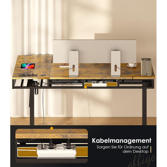 Кутовий стіл OffiGo, регульована висота, 160x80 см, Стіл з регульованою висотою та 4 шухлядами, електричний L-подібний стіл з розеткою для офісу та навчання, великий кутовий стіл, вінтажний коричневий, 160 x 80 см