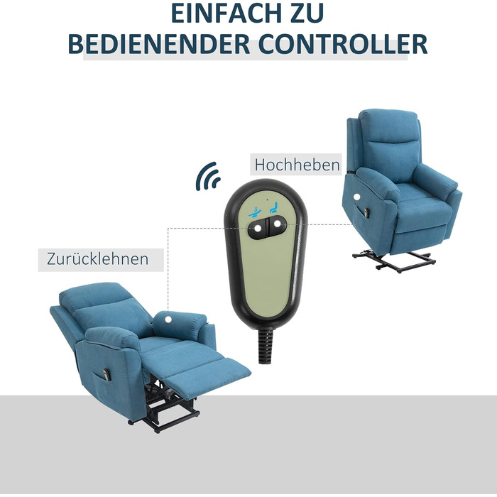 Електричне крісло-реклайнер HOMCOM з підйомником, розкладне крісло з пультом дистанційного керування, бічна кишеня, пружинна основа з кишеньковим механізмом, лляний вигляд, синій, без функції масажу