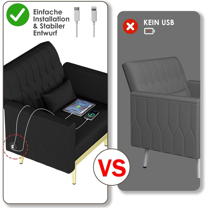 Крісло з відкидною спинкою та підставкою для ніг, 2 зарядні порти, зручне крісло для відпочинку, крісло для читання у вітальні, крісло для телевізора, м&39яке крісло, крісло-реклайнер, вантажопідйомність до 159 кг, оксамит (чорний)