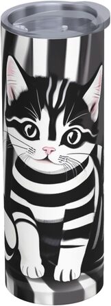 Кухоль з прямою трубочкою, 590 мл, чорно-білий смугастий принт кошенят, дорожній кухоль, підходить для кемпінгу, офісу та дому