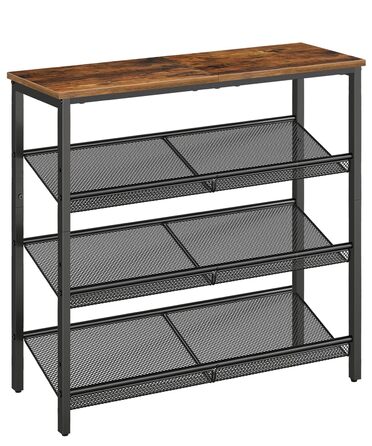 Взуттєва полиця HOOBRO, 4 полиці для взуття, шафа для взуття, регульована металева сітчаста полиця, містка верхня частина, для 12-15 пар взуття, вхід, коридор, індустріальний стиль, вінтажний коричнево-чорний EBF42XJ01 темно-коричневий чорний 75 x 30 x 69