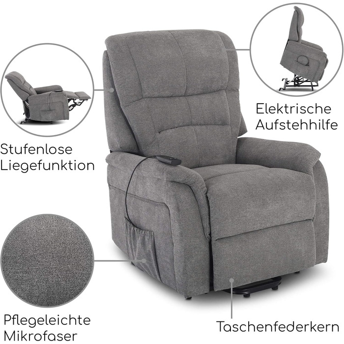 Крісло під телевізор Raburg з підйомником, електричне відкидне крісло з 1 двигуном та пультом дистанційного керування, безступінчасте регулювання, комфортна піна та пружинна основа з кишенькового блоку, мікрофібра, 120 кг Janik Сіра мікрофібра