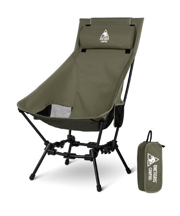Крісло для кемпінгу OneTigris DRAGONHIDE, висока спинка, складне, вантажопідйомність 125 кг, легке складне кемпінгове крісло, складне рибальське крісло з 2 боковими кишенями, надлегке складне крісло для використання на свіжому повітрі, походи, колір Range