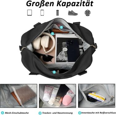 Дорожня сумка TANTOMI Ручна поклажа, Жіноча спортивна сумка, 46x23x32 см, Сумка для ручної поклажі, Сумка на вихідні, Водонепроникна дорожня сумка, Сумка для тренувань, Сумка для лікарні, Сумка для народження, Підходить для відпочинку, Кемпінгу, Чорна 1-2