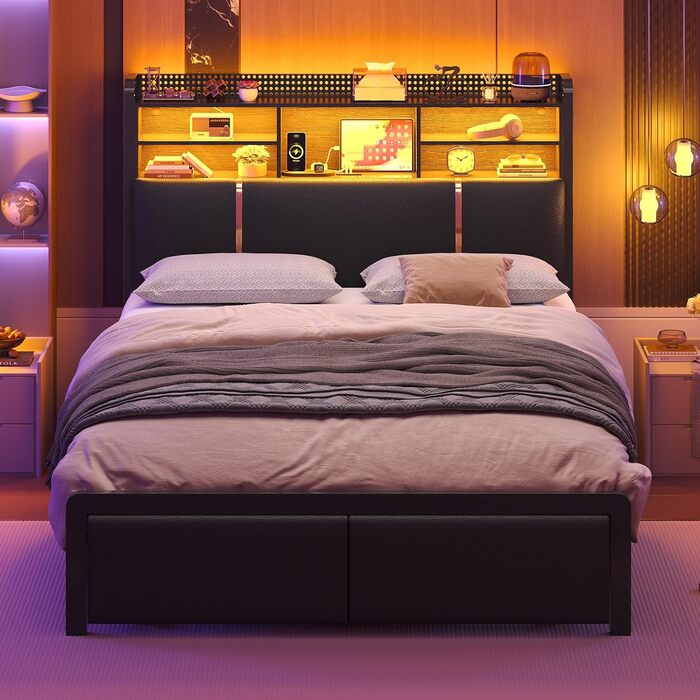 Ліжко 140x200 см, м&39яке ліжко зі світлодіодним підсвічуванням, металевий каркас ліжка, каркас ліжка з 2 шухлядами, узголів&39я з полицею та місцем для зберігання речей, розетка, двоспальне ліжко з рейковою основою, для спальні, PU чорного кольору