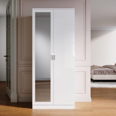 Шафа SONNI з дзеркальними дверима білого кольору, універсальна 2-дверна шафа для вашої спальні, 76 см (Ш) x 47 см (Г) x 180 см (В).