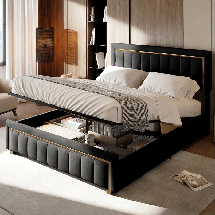 М&39яке ліжко 140x200 з місцем для зберігання, гідравлічне ліжко з місцем для зберігання, двоспальне ліжко з узголів&39ям, каркас ліжка з рейковою основою, каркас ліжка для дорослих, оксамит (чорний, 140 x 200 см) Black-c 140 x 200 см