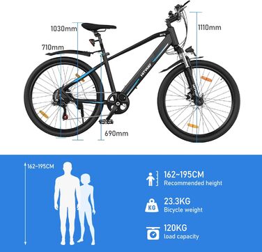 Електричний велосипед Pedelec Citybike 26 дюймів з двигуном 250 Вт, акумулятором 36 В / 12 Ач, 7/21 передач, запасом ходу до 35-90 км, чорний/синій