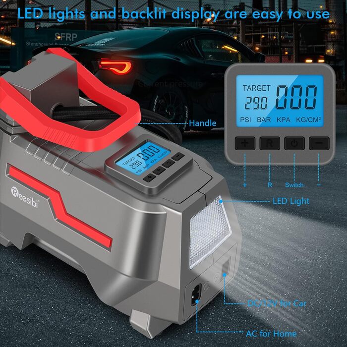 Автомобільна шина Reesibi Compressor 230V 12V з подвійними джерелами живлення, насос високого тиску до 10,3 бар і насос низького тиску до 300 л/хв 2-в-1, портативний електричний повітряний насос із набором адаптерів цифрового дисплея (червоний)