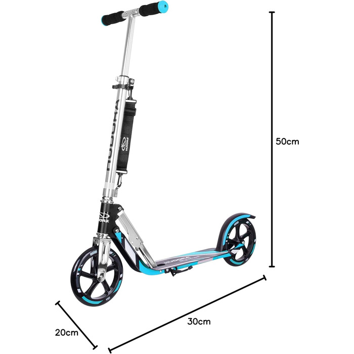 Самокат HUDORA BigWheel 205 стабільний алюмінієвий міський самокат, складаний, з регулюванням висоти та підніжкою, для дітей та дорослих до 100 кг, синій/чорний