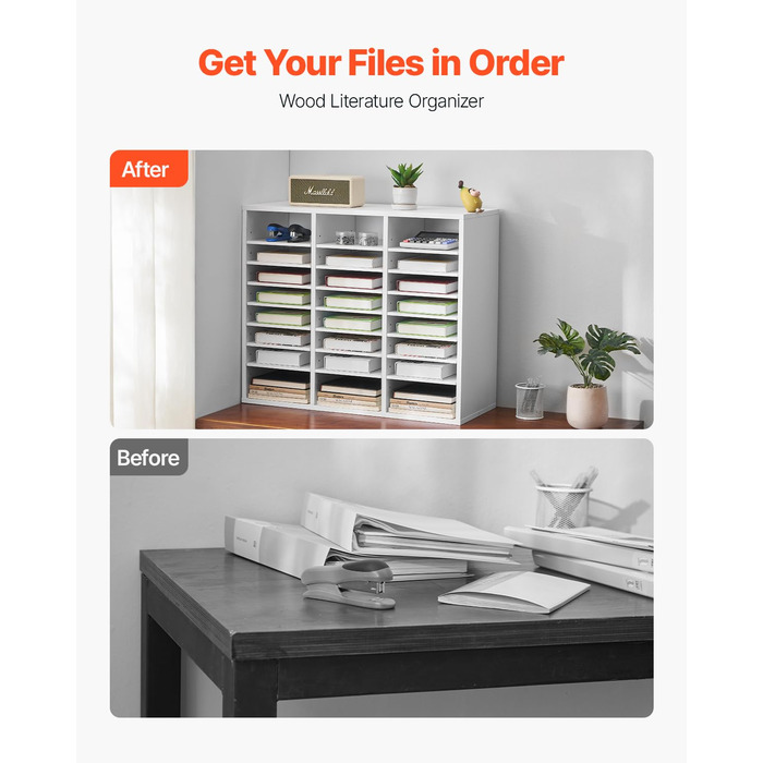 Лоток для документів VEVOR з 24 відділеннями та регульованими полицями, лоток для сортування файлів, листів та документів, виготовлений з ДСП та МДФ, для зберігання в офісному класі, білий
