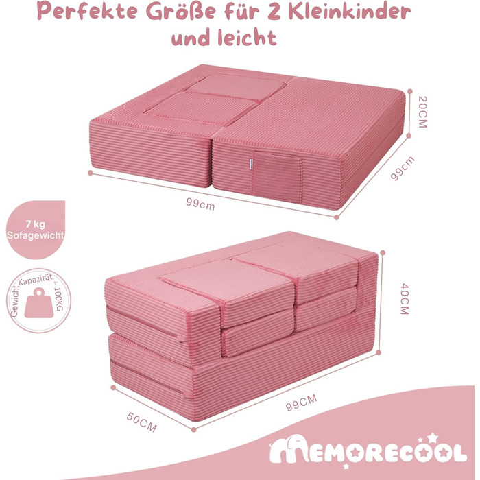 Дитячий диван MeMoreCool з вельвету, розкладний диван з пінопласту, модульний міні-диван для дитячої кімнати та спальні, рожевий вельветовий рожевий