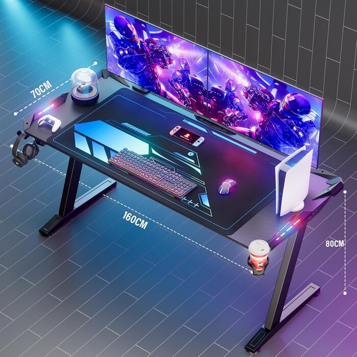 Ігровий стіл Storeo Imp, 160 x 70 x 80 см, МДФ / сталь / вуглецеве волокно, чорний