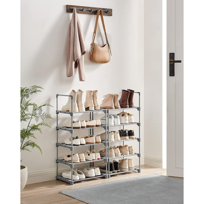 Рівнева взуттєва полиця, висока відкрита шафа для взуття, вузька підставка для взуття, металеве місце для зберігання взуття, компактне, для гардеробної, передпокою, 30 x 45 x 174 см, сірий LSA025G02 10 ярусів (45Ш см) сірий, 10-