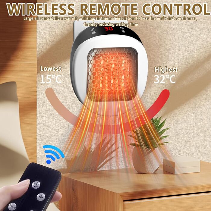 Настінний обігрівач для домашнього використання з пультом дистанційного керування, міні-керамічний вентилятор-обігрівач, 600 Вт, 15-32 , таймер 1-12 годин, система термостата, тихий нагрів з низьким рівнем шуму (білий)