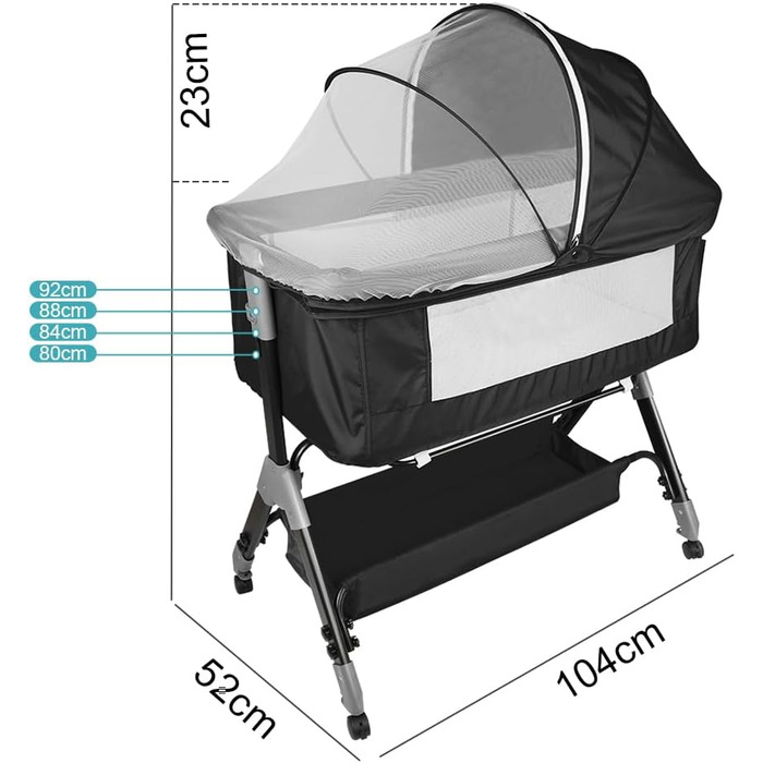 Дитяче ліжечко 3-в-1, дитяча колиска та дорожнє ліжечко, 4-рівневе регулювання висоти дитячого ліжечка, відкидне крісло, ліжечко, колиска для дітей вагою до 25 кг - 104 x 52 x 100-110 см - чорний колір