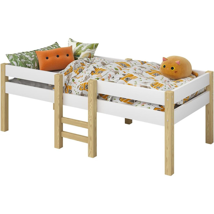 Дитяче ліжко Bellabino Aspy 90x200 см Двоярусне ліжко з поручнями та рейковою основою Ліжко середнього класу з драбиною з масиву сосни білого/натурального кольору Дитяче ліжко для хлопчиків та дівчаток без матраца білого кольору - Без шухляд