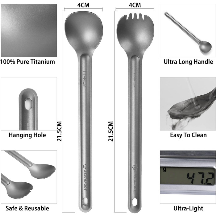 Титанова ложка Ложка з довгою ручкою Свинячі кемпінгові столові прибори, Надлегкий титановий набір столових приборів для кемпінгу,
