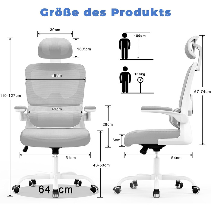 Офісний стілець naspaluro, ергономічний стілець для роботи з регульованим підголівником, підлокітниками, динамічною поперековою підтримкою, обертовий стілець з дихаючою сітчастою оббивкою для домашнього офісу, сірий