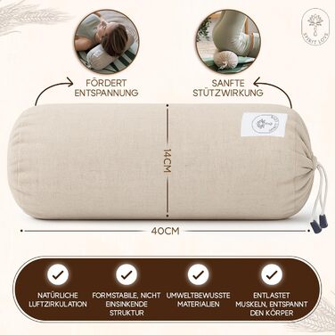 Льняний валик для йоги Spirit Love Круглий валик для йоги з органічною гречаною лушпинням Валик для шиї з чохлом, який можна прати Ідеально підходить як подушка для шиї 100 натуральний лляний круглий валик, безпечний для шкіри - 40x14 см