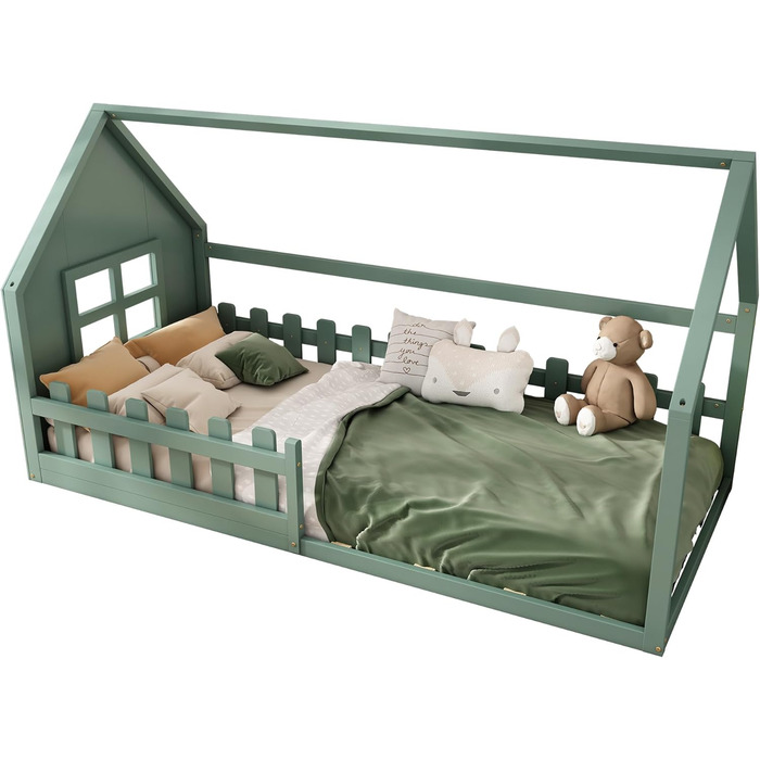 Дитяче ліжко-будиночок 90x200, підлогове ліжко із захистом від падіння та рейковою основою, дерев&39яне ліжко для хлопчиків та дівчаток, зелене без матраца