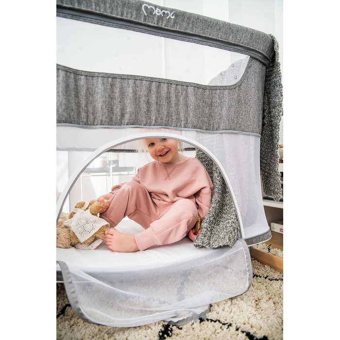Дитяче ліжечко Momi SMART Bed 4-в-1 до 15 кг, приліжкове ліжечко для немовлят з матрацом, регульована висота, сірого кольору, одномісне