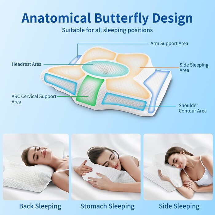 Подушка для шиї для сну, ортопедична подушка з піни з ефектом пам&39яті, ергономічна подушка для шиї 2-в-1 для сну на боці зі знімним чохлом, який можна прати, 62 x 39 x 11/13 см, біла