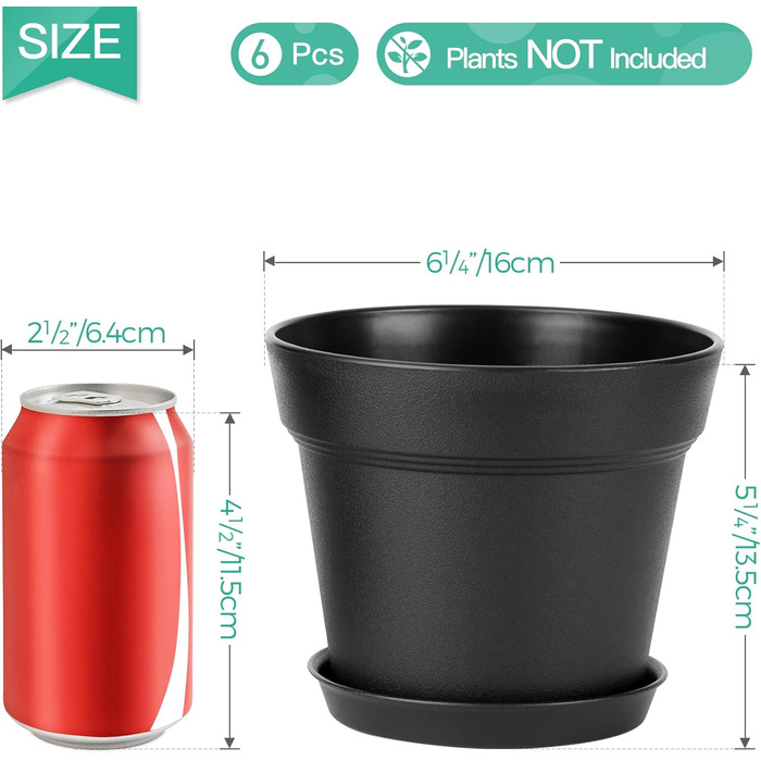 Пластиковий квітковий горщик з блюдцем, набір з 6 пластикових горщиків для трав з декількома дренажними отворами, кругла кашпо для