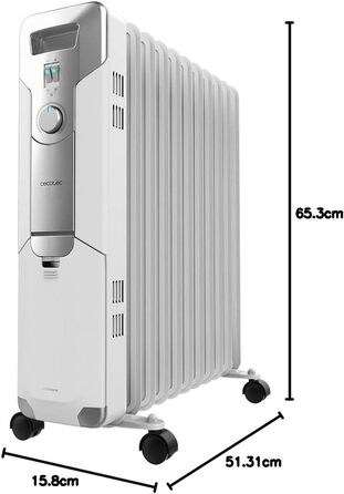 Масляний радіатор Cecotec ReadyWarm 11000 Space. Масляний радіатор потужністю 2500 Вт з 11 нагрівальними ребрами та 3 рівнями потужності, площа охоплення 25 м, місце для зберігання кабелю, легке керування, ручка, колеса. Білий. 2500 Вт