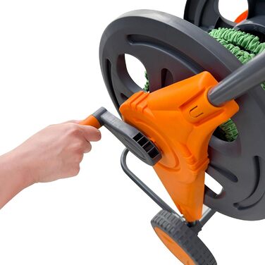 Шланг для поливу Relaxdays, 60 м, зєднувачі швидкого зєднання, направляюча шланга, 2 колеса, пластик/сталь, барабан для шланга, сірий/помаранчевий