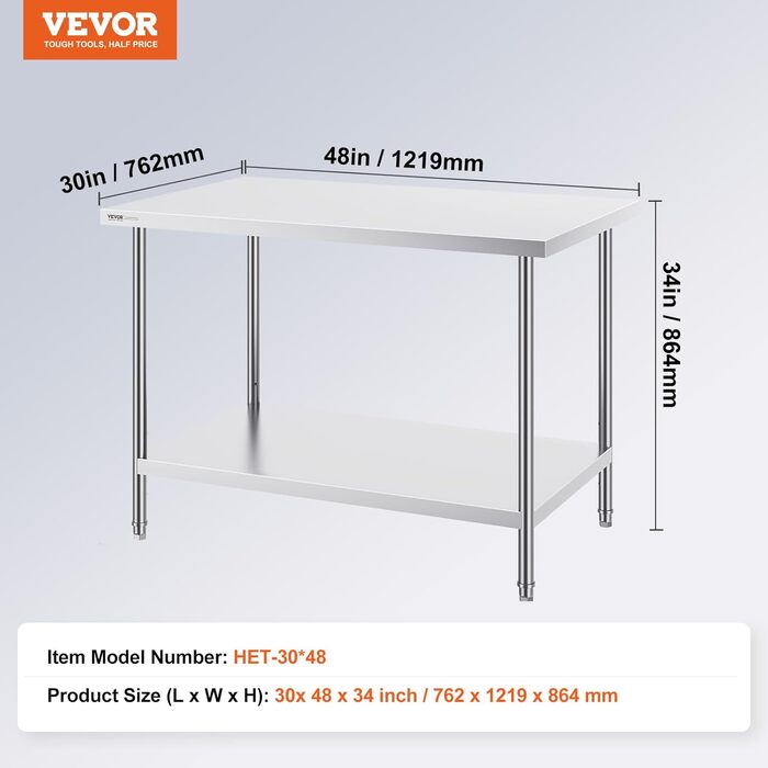 Кухонний робочий стіл з нержавіючої сталі VEVOR, стіл з нержавіючої сталі з 4 універсальними колесами, кухонний стіл для підготовчих робіт на кухні, 76 x 122 x 86 см (762 x 1219 x 864 мм)