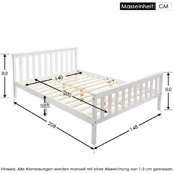 Двоспальне ліжко Merax з дерев&39яним каркасом 140 x 200 см, білий, з рейковою основою та високим узголів&39ям, для дорослих, дітей, підлітків, каркас ліжка з сосни, білий