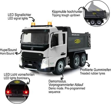 Позашляховий самоскид Volvo FMX Meiller 120 2,4GHz Офіційна ліцензія, звук попередження про рух заднім ходом, протектовані гумові шини, LED підсвічування, підйом/опускання кузова, будівельна техніка