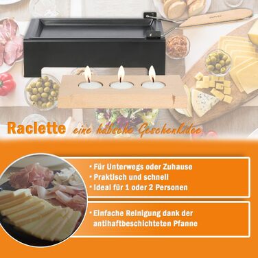 Міні-раклет на 2 особи Tealight - Раклетний гриль зі сковородами з антипригарним покриттям - Сирники та дерев'яна лопатка - Раклетний гриль без електрики Кемпінг