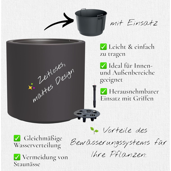 Квітковий горщик MELTOM з вкладишем та системою поливу Круглий та сучасний Морозостійкий та стійкий до ультрафіолету Пластиковий горщик для використання в приміщенні та на вулиці (Антрацит, XL) Антрацит XL