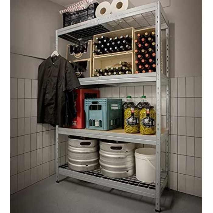 Посилений стелаж Rivet, комплект з 3 шт. , зі сталевими сітчастими полицями, 180 x 120 x 45 см (В x Ш x Г), вантажопідйомність 250 кг на полицю, оцинкований. Безболтовий стелаж, металевий стелаж, стелаж для підвалу, стелаж для зберігання, стелаж для майст