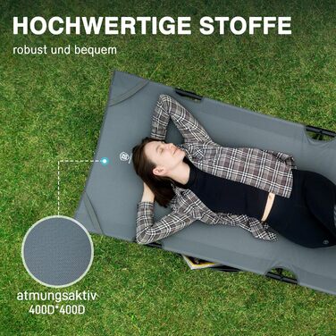 Розкладне похідне ліжко EVER ADVANCED XXL, вантажопідйомність 200 кг, 214 x 79 x 50 см, широке похідне ліжко з бічною кишенею, стабільне та портативне для кемпінгу, подорожей, саду, використання на вулиці та в приміщенні, сіре