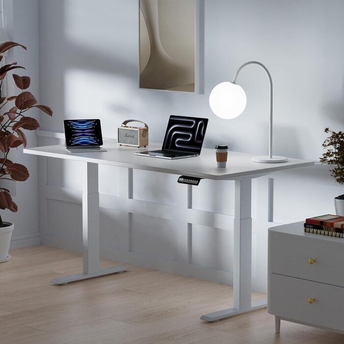 Стіл з регулюванням висоти та двома двигунами, цільна стільниця 25 мм, інтелектуальне керування з 4 налаштуваннями пам&39яті, вантажопідйомність 35 кг, тихий &lt45 дБ (білий білий, 140 см x 70 см) Білий білий 140 см x 70 см