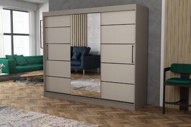 Шафа з дзеркалом та шухлядами, ширина 235 см, Chelsea Tomy, шафа з розсувними дверима та дзеркалом, шафа для спальні, шафа камінь/бежевий.