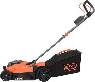 Акумуляторна газонокосарка BlackDecker BCMW3336L1 (36 В, 2,5 Ач, ширина зрізу 33 см, для газонів середнього розміру до 250 м, 5-позиційне регулювання висоти, в комплекті 1 акумулятор, зарядний пристрій, травозбірник на 35 л), помаранчевий/чорний