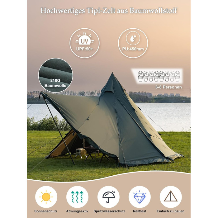 Намет TOMOUNT, бавовняний індіанський намет, високий коник 2,8 м, для 6-8 осіб, пірамідальний намет з отвором для плити, 4-сезонний кемпінговий намет для активного відпочинку, кемпінгу, пішого туризму, трекінгу, зелений
