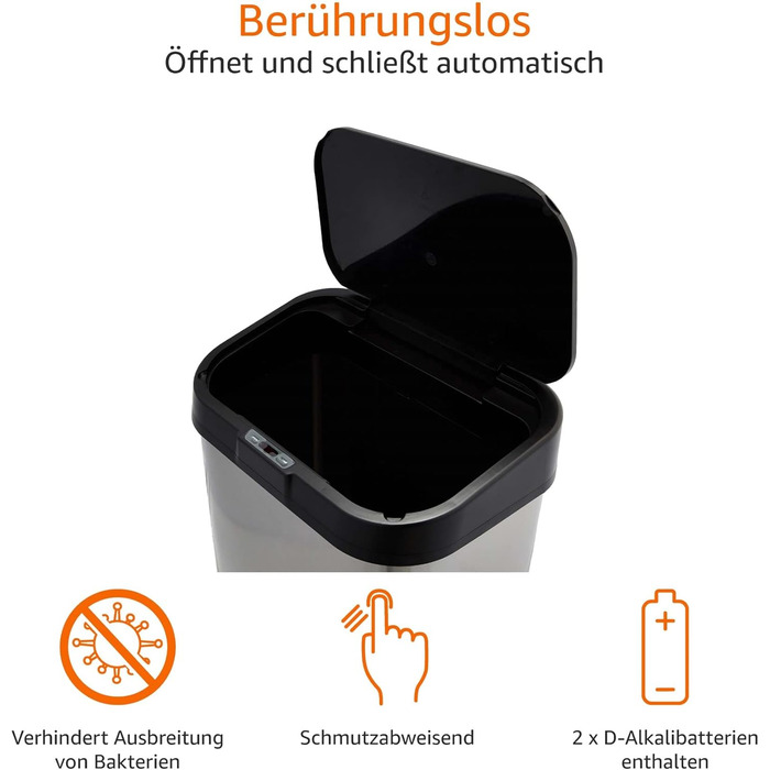Л відро для сміття з нержавіючої сталі з безконтактним датчиком руху, прямокутне, сріблясте/чорне 60 л прямокутне одинарне, 60